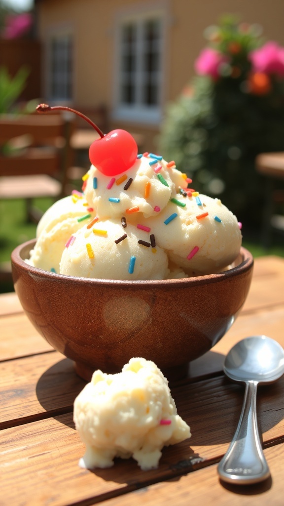 A bowl of vanilla ice cream topped with sprinkles and a cherry on a wooden table.